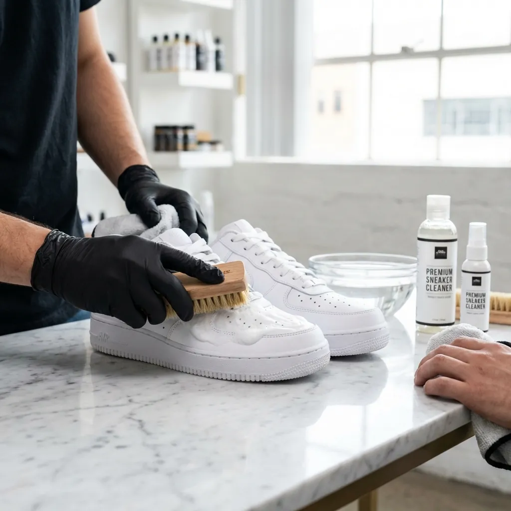 Hands cleaning a white sneaker with a brush